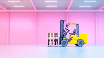 Poster - Yellow forklift transporting empty pallets in a spacious warehouse, transformed into a cozy digital painting with pastel tones and soft edges, inviting atmosphere and warm ambiance.