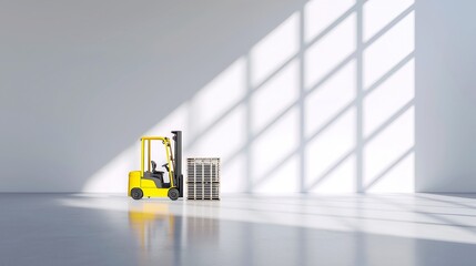 Poster - Yellow forklift transporting empty pallets in a vast warehouse, sunlight filtering through skylights, creating elongated shadows on the polished concrete floor.