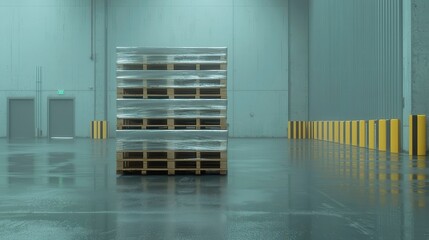 Poster - Dynamic warehouse scene featuring a yellow forklift transporting a precarious stack of empty pallets, highlighting workplace safety and the importance of balance and caution.