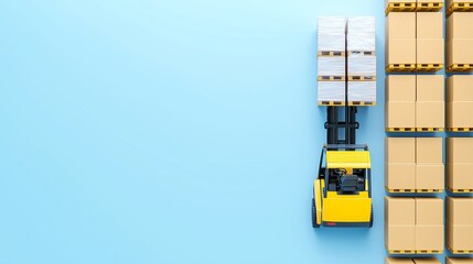 Poster - Yellow forklift transporting empty pallets in a spacious warehouse, aerial perspective showcasing efficient logistics and organization in a busy industrial setting