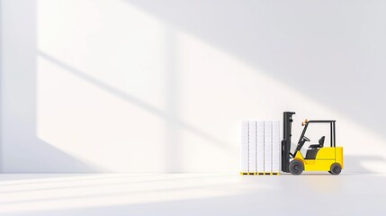 Poster - Yellow forklift transporting empty pallets in a vast warehouse, aerial perspective showcasing efficient logistics and organized space management.