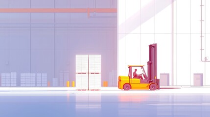 Poster - Anime-style yellow forklift transporting empty pallets in a vast warehouse, featuring dynamic motion lines and vibrant, characterful machinery elements.