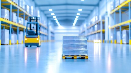 Poster - Yellow forklift transporting empty pallets in large warehouse, illuminated by task lights and glowing indicators, showcasing efficient nighttime operations and ample space.