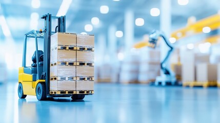 Poster - Yellow forklift transporting empty pallets in a large warehouse, stationed next to a robotic arm organizing items on an automated conveyor system, bright and open environment