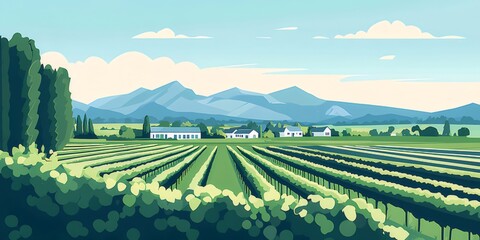 Poster - 緑豊かなブドウ園の風景 広々とした青空の下 太陽光が降り注ぐ 美しい山々と建物の背景