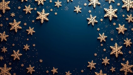 Poster - a winter wonderland of snowflakes arranged against a dark blue backdrop, creating a festive and inviting atmosphere for the winter season. The golden snowflakes sparkle