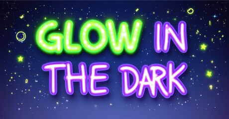 Poster - Bright text reads Glow In The Dark against dark blue background with scattered stars. Neon green and purple hues dominate visual presentation. Festive, playful design.