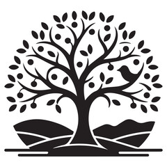 Elegant monochrome logo design featuring a stylized tree flourishing with leaves, berries, and a bird, set against a backdrop of a stylized landscape.  Vector Black silhouettes. with white background