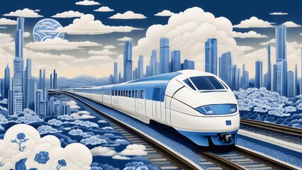 Aufkleber - 青と白の高速列車が都市を背景に空を走る現代的なイラスト 交通機関と旅行の風景