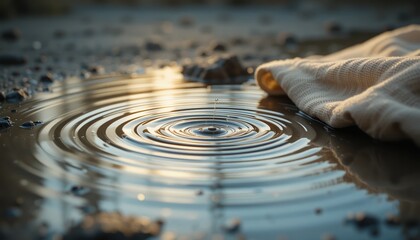 Poster - Ripple effects of water droplets on a tranquil surface natural setting close-up photography serene atmosphere artistic viewpoint visual concept