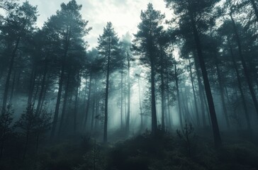 8K moody pine forest with heavy fog, mysterious atmosphere