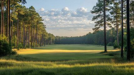 Serene view of a green field surrounded by tall trees and a cloudy sky bathed in golden sunlight