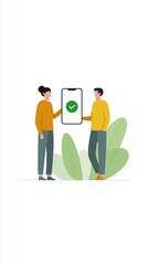 Poster - Two people exchanging information on a smartphone with a checkmark symbol, representing digital communication and technology concept