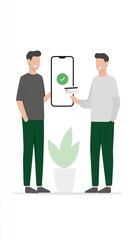 Fototapete - Two men interacting with a smartphone displaying a checkmark symbol, representing digital communication and technology in a modern setting, technology concept
