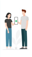 Poster - Young couple using smartphone to communicate with messaging app, showcasing modern technology and connection in a digital age, communication concept