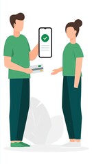 Fototapete - Two people interacting with a smartphone and documents in a modern setting, showcasing technology and communication in a professional environment, digital interaction concept