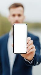 Poster - Businessman holding smartphone with blank screen outdoors, showcasing modern technology and communication, digital lifestyle concept