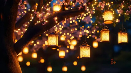 Poster - Tree branches are decorated with glowing festive lanterns