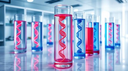 illuminated dna strands in test tubes with vapor