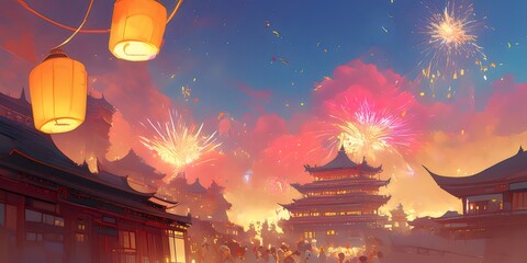 Poster - 鮮やかな花火と提灯が彩る夜空に浮かぶ伝統的建造物の風景