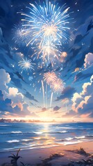 Poster - 夜空に咲く花火と夏の海の風景 鮮やかな色彩と光が織りなす祝祭の瞬間