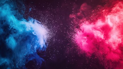 blue, red powder explosion, dark background, design