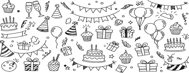 Birthday doodle icon element. Hand drawn sketch doodle birthday cake, balloon, event decoration element. Party, carnival celebration concept background. 