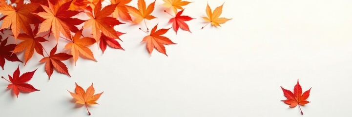 Wall Mural - Delicate maple leaves scattered on white surface, background, maple