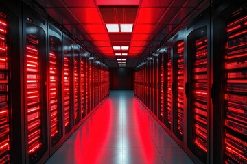 Poster - Advanced server room with illuminated red lighting and rows of equipment in a modern data center