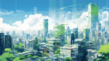 Poster - ピクセル化された緑豊かな都市の風景 青い空と白い雲の下にそびえ立つ高層ビル群 デジタルアート