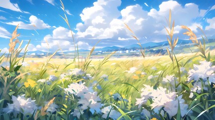 Poster - 夏の青空の下 草原に咲き誇る様々な色の花々と緑豊かな草木の美しい風景画