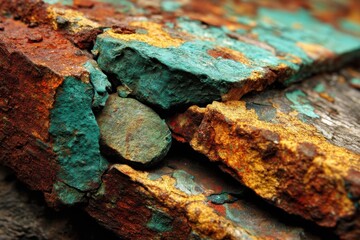 Poster - close-up of heavily rusted metal and stone, exhibiting vivid shades of teal, orange, and yellow, sho