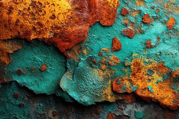 Poster - Abstract close-up of rusted metal with peeling turquoise paint, showcasing a complex, colorful texture with orange and brown corrosion marks, creating unique pattern.