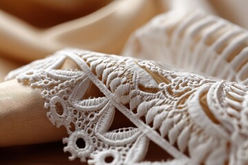 Poster - Close-up of delicate white lace detailing on a beige fabric, showcasing intricate patterns and textures, ideal for backgrounds, designs and decorative elements.
