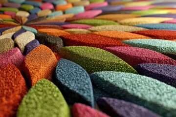 Aufkleber - A vibrant, colorful pattern of textured shapes arranged in a radial design, creating a visually striking and eye-catching abstract composition with a soft, focus effect.