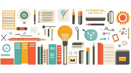 Poster - collection of colorful stationery and office supplies in a pixel art style. bright, flat design.