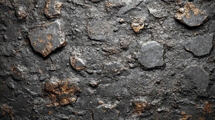 Poster - Dark gray and gold stone wall texture. Rough surface with contrasting colors and varied stone shapes.