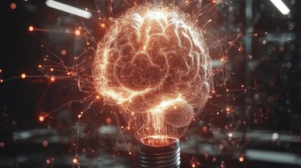 Poster - glowing brain shaped lightbulb with sparks, dark background. abstract concept of ideas and innovatio