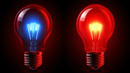 Poster - Two illuminated light bulbs, one blue and one red, set against a dark background.