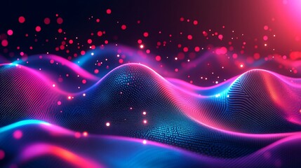 Poster - Abstract data landscape with glowing neon colors and glittering particles