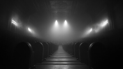Poster - dark, atmospheric grayscale image of a long corridor with rows of dark cylindrical objects and brigh
