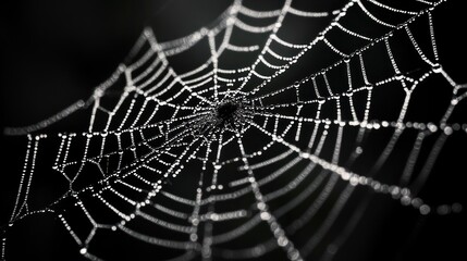 Spiderweb glistening with dewdrops against dark mysterious background