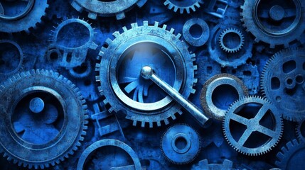 Poster - abstract background with intricate blue metallic gears and cogs, creating a complex mechanical desig