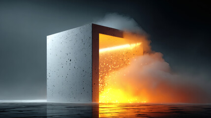 Poster - abstract cube with glowing interior and smoke effect in dark space