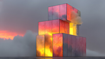 Poster - abstract geometric structure in vibrant sunset with smoke and reflection