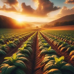 Wall Mural - Tobacco field ready harvest. Rows of rich green plants during golden hour, creating a landscape of agriculture.