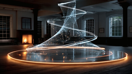 Poster - Abstract Light Spiral in Dark Room with Warm Fireplace Ambiance