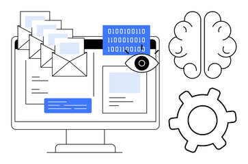 computer monitor with emails, binary code, eye symbol, brain, and gear icons. ideal for technology, 