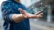 © shu_mad - Ai Virtual Technology.Hand holding global network connection. Internet communication, Wireless connection technology. Futuristic technology with polygonal shapes.