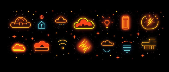 Poster - Bright and vibrant neon icons representing artificial intelligence and cloud concepts against a dark background artificial, intelligence, cloud, technology, neon, icons, bright, 